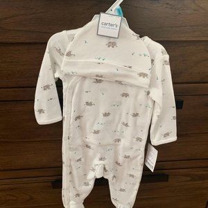NWT 6M Carter's Button Up Elephant Footies and Hat